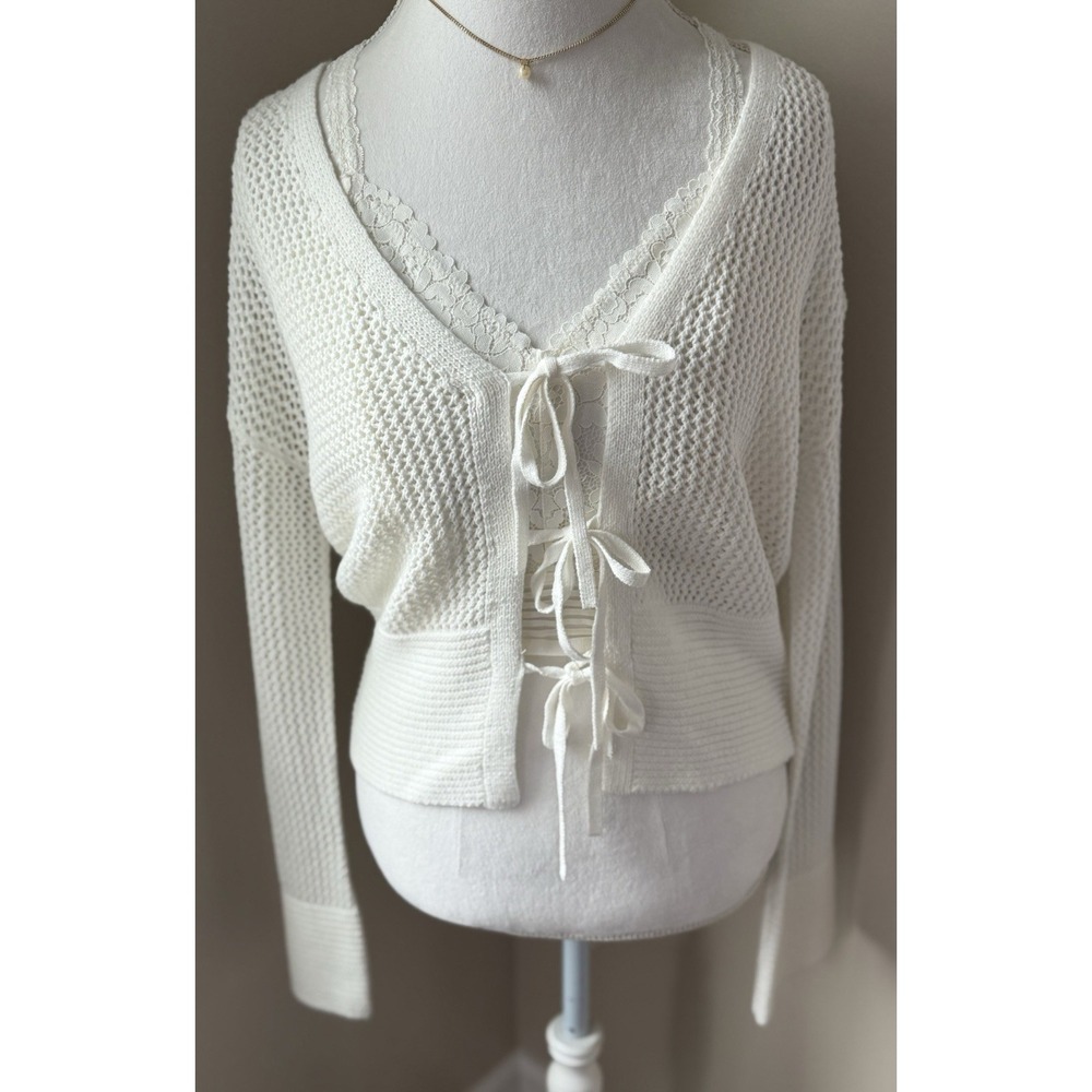 Whimsigoth Fairycore Boho Tie Cardigan Ivory Knit Francesca's Sweater Medium Y2K